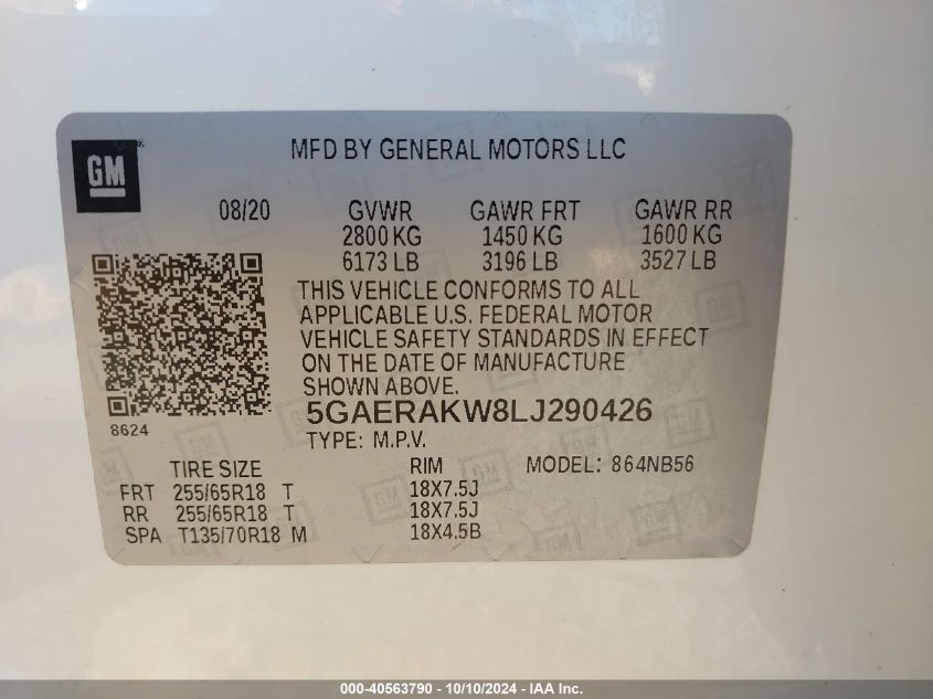 2020 Buick Enclave Fwd Preferred VIN: 5GAERAKW8LJ290426 Lot: 40563790