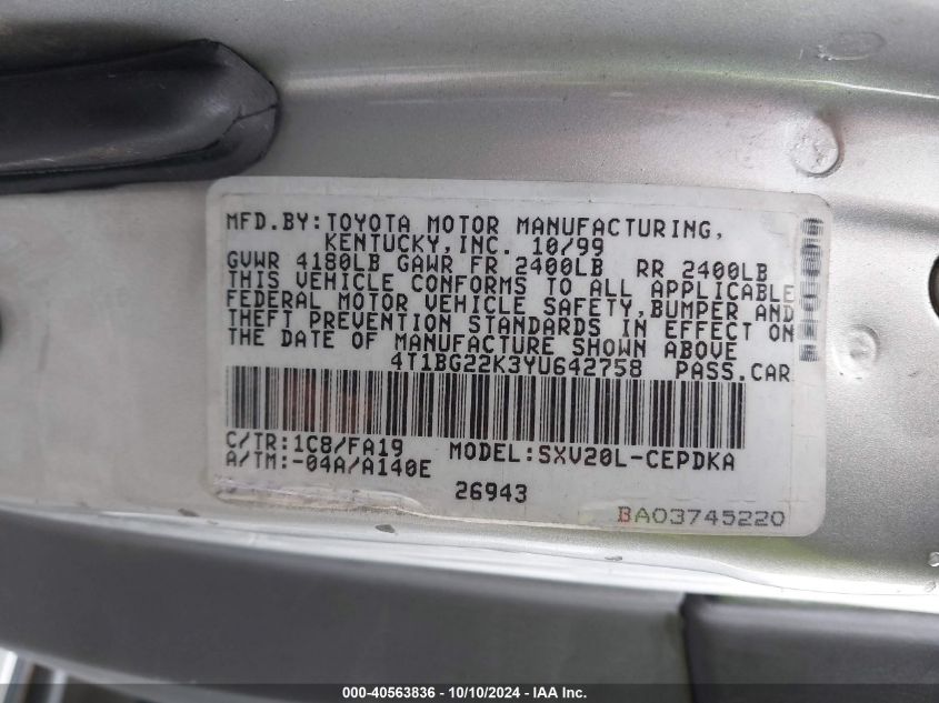 4T1BG22K3YU642758 2000 Toyota Camry Ce