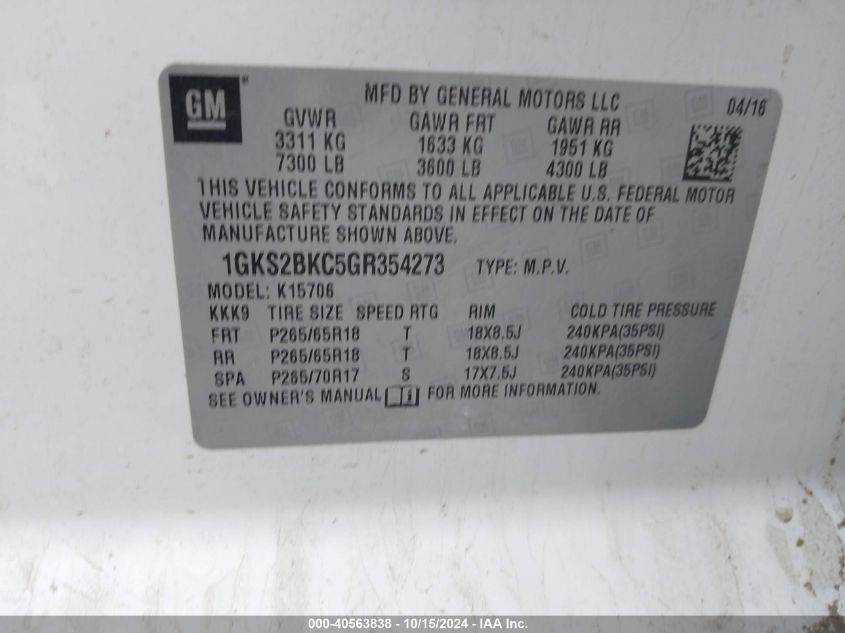 VIN 1GKS2BKC5GR354273 2016 GMC Yukon, Slt no.9