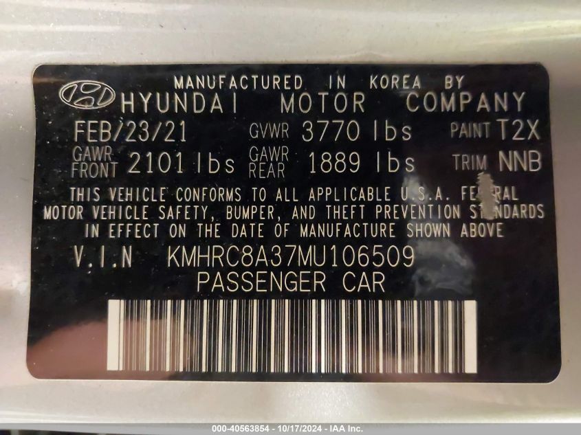 2021 Hyundai Venue Sel VIN: KMHRC8A37MU106509 Lot: 40563854