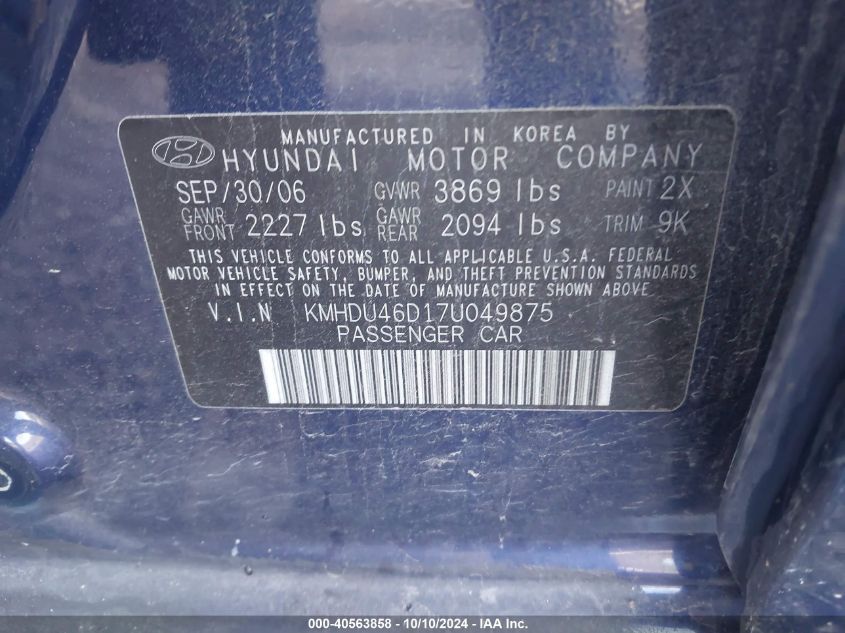 KMHDU46D17U049875 2007 Hyundai Elantra Gls/Limited/Se