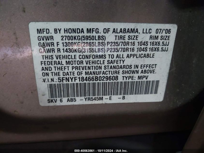 5FNYF18466B029608 2006 Honda Pilot Ex