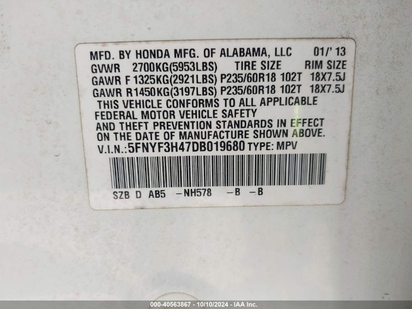 5FNYF3H47DB019680 2013 Honda Pilot Ex