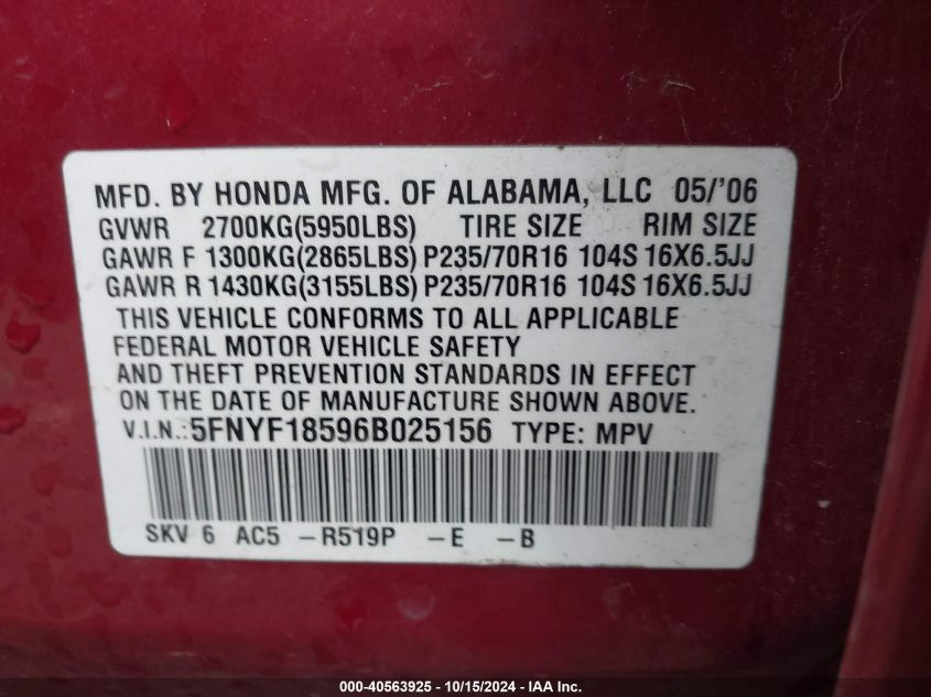 2006 Honda Pilot Ex-L VIN: 5FNYF18596B025156 Lot: 40563925