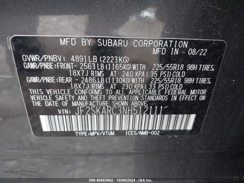 JF2SKARC3NH512111 2022 Subaru Forester Touring