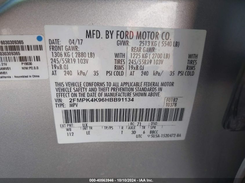 2FMPK4K96HBB91134 2017 Ford Edge Titanium