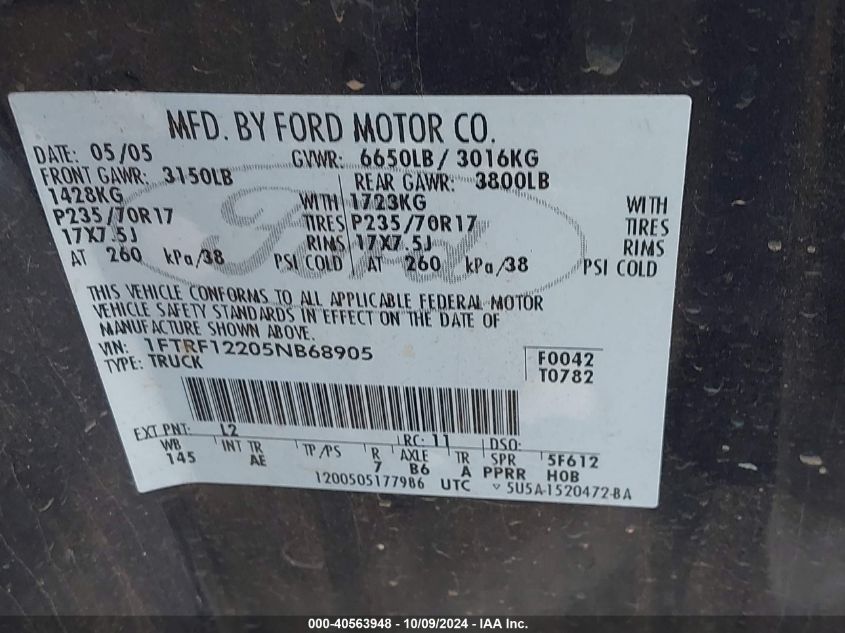 1FTRF12205NB68905 2005 Ford F-150 Stx/Xl/Xlt