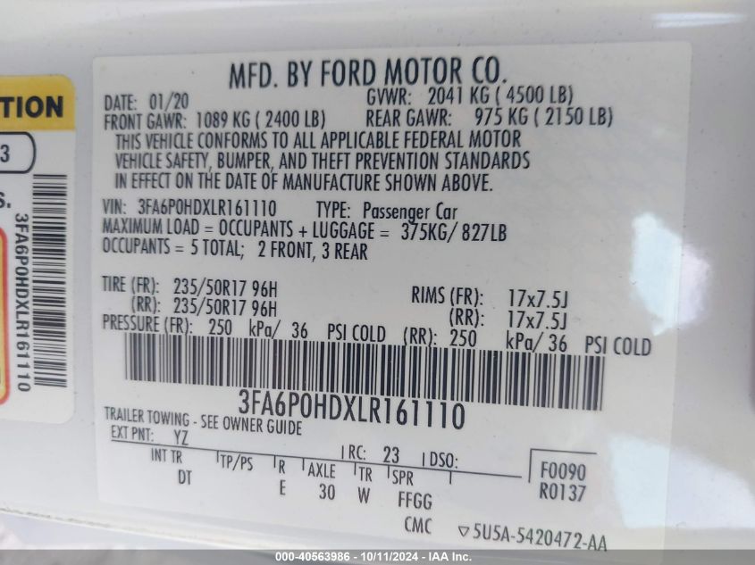 3FA6P0HDXLR161110 2020 Ford Fusion Se