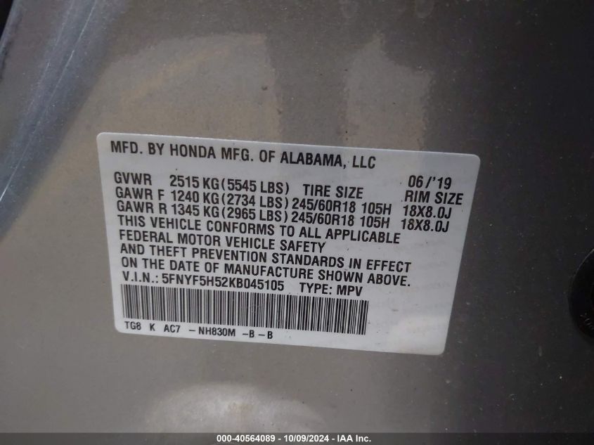 5FNYF5H52KB045105 2019 Honda Pilot Ex-L