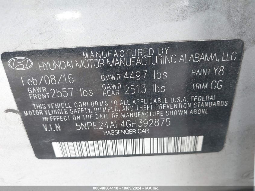 5NPE24AF4GH392875 2016 Hyundai Sonata Se