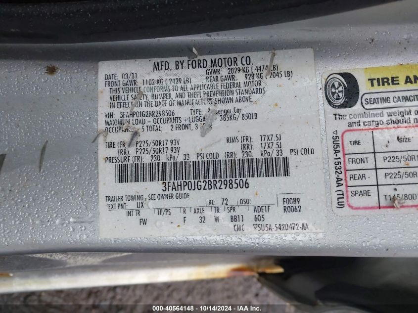 2011 Ford Fusion Sel VIN: 3FAHP0JG2BR298506 Lot: 40564148