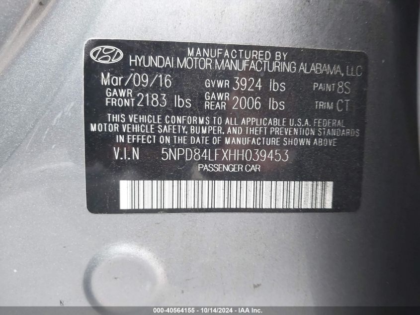 VIN 5NPD84LFXHH039453 2017 Hyundai Elantra, Limited no.9