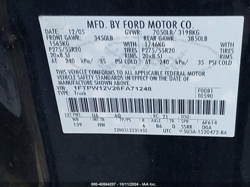 1FTPW12V26FA71248 2006 Ford F150 Supercrew