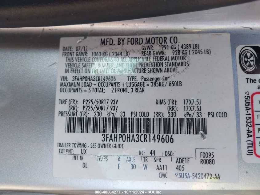 3FAHP0HA3CR149606 2012 Ford Fusion Se