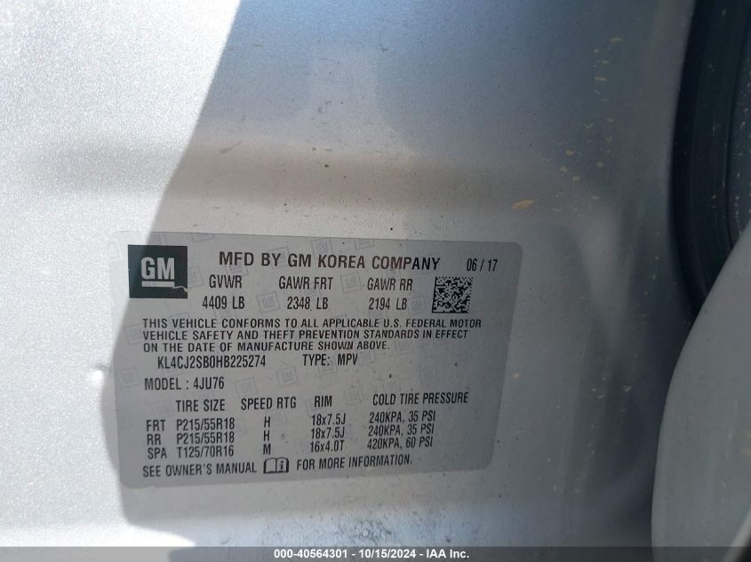 2017 Buick Encore Sport Touring VIN: KL4CJ2SB0HB225274 Lot: 40564301