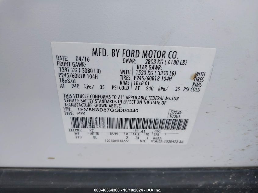 1FM5K8D87GGD04440 2016 Ford Explorer Xlt