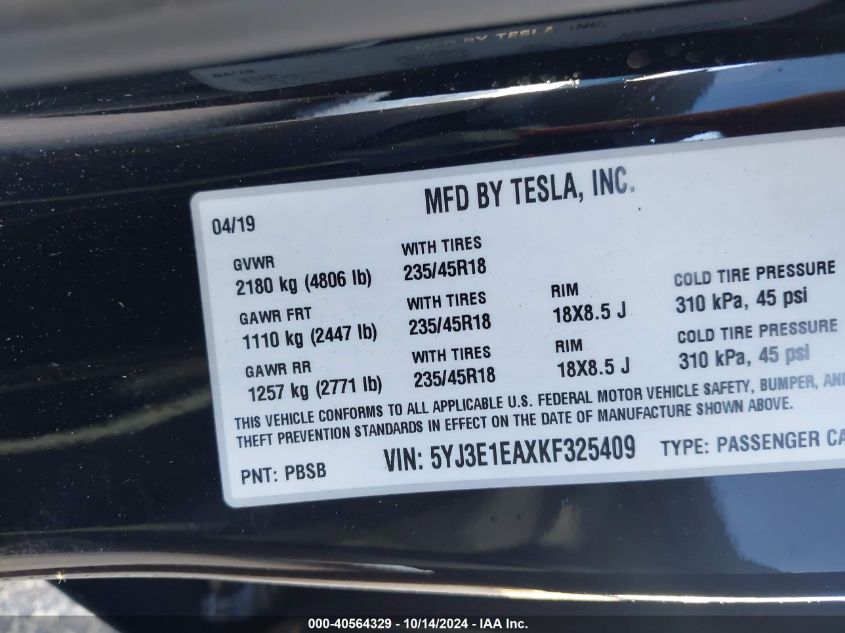 2019 Tesla Model 3 VIN: 5YJ3E1EAXKF325409 Lot: 40564329