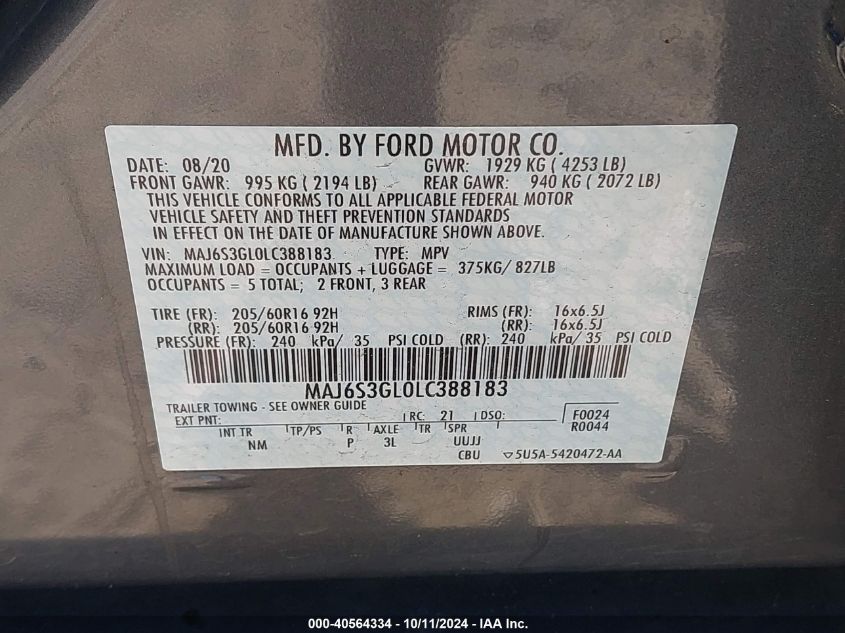 MAJ6S3GL0LC388183 2020 Ford Ecosport Se