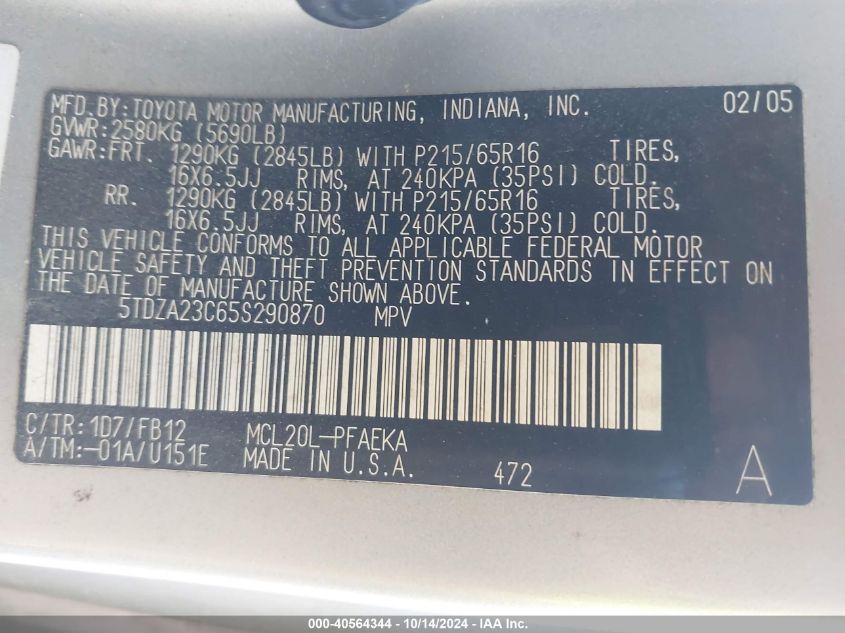 2005 Toyota Sienna Ce/Le VIN: 5TDZA23C65S290870 Lot: 40564344