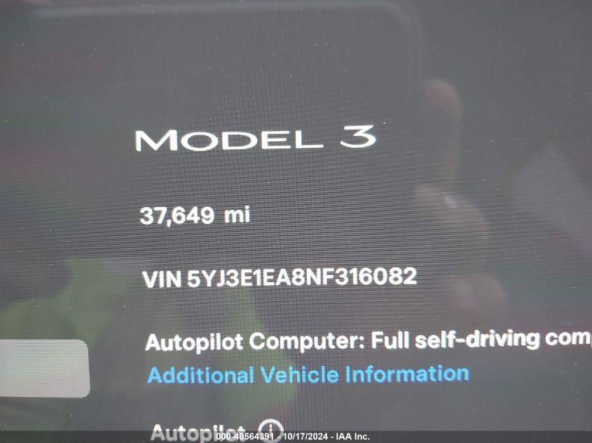 2022 Tesla Model 3 Rear-Wheel Drive VIN: 5YJ3E1EA8NF316082 Lot: 40564391