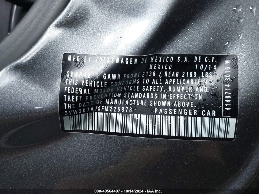 2015 Volkswagen Jetta 2.0L S VIN: 3VW2K7AJ0FM225878 Lot: 40564407