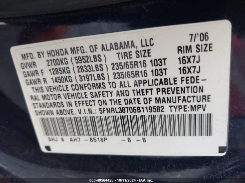 2006 Honda Odyssey Ex-L VIN: 5FNRL38706B119582 Lot: 40564428