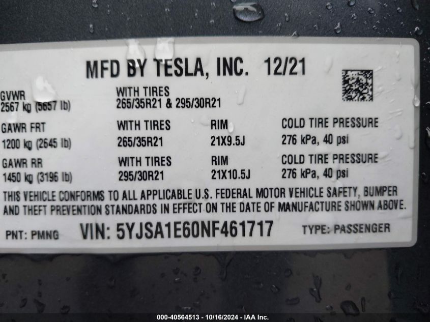 2022 Tesla Model S Plaid Tri Motor All-Wheel Drive VIN: 5YJSA1E60NF461717 Lot: 40564513