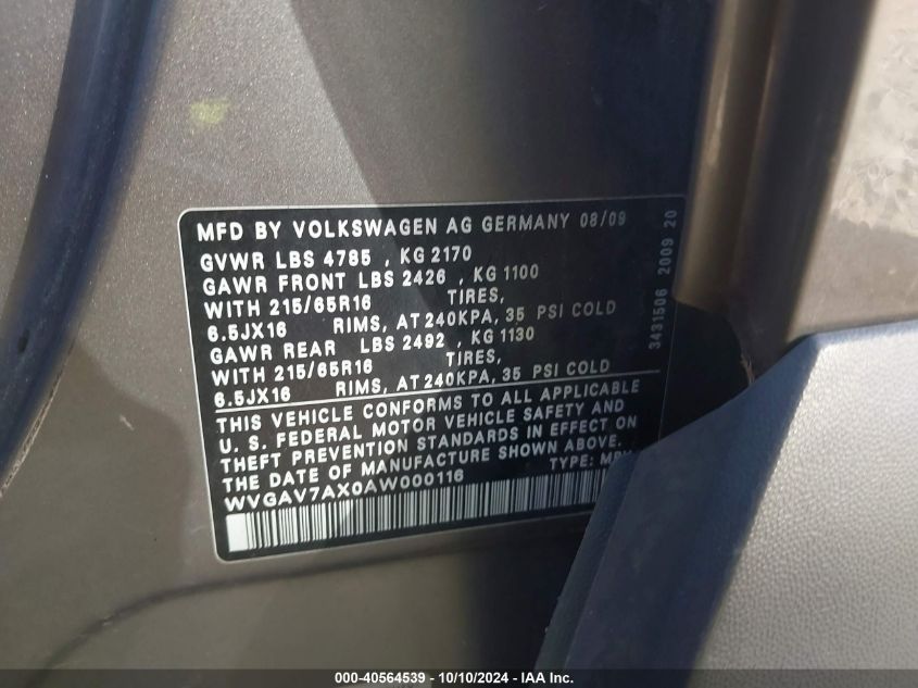 2010 Volkswagen Tiguan S VIN: WVGAV7AX0AW000116 Lot: 40564539