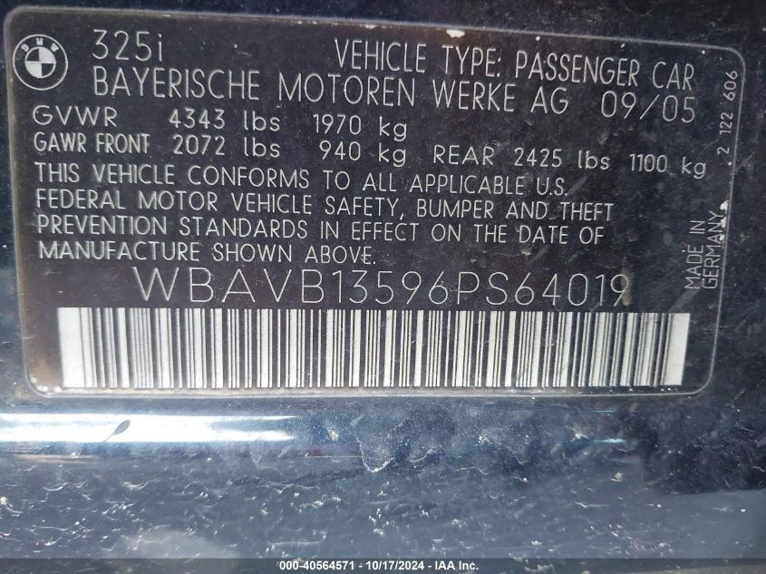 2006 BMW 325I VIN: WBAVB13596TS64019 Lot: 40564571