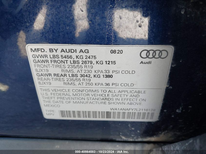 2020 Audi Q5 Premium 45 Tfsi Quattro S Tronic VIN: WA1ANAFY7L2116128 Lot: 40564583