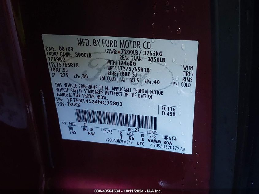 1FTPX14534NC72802 2004 Ford F150