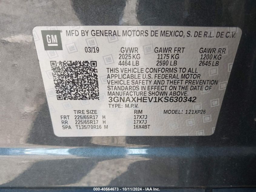 3GNAXHEV1KS630342 2019 Chevrolet Equinox Ls