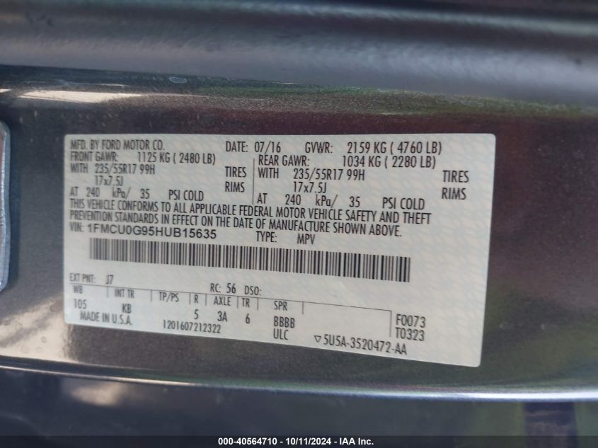 1FMCU0G95HUB15635 2017 Ford Escape Se