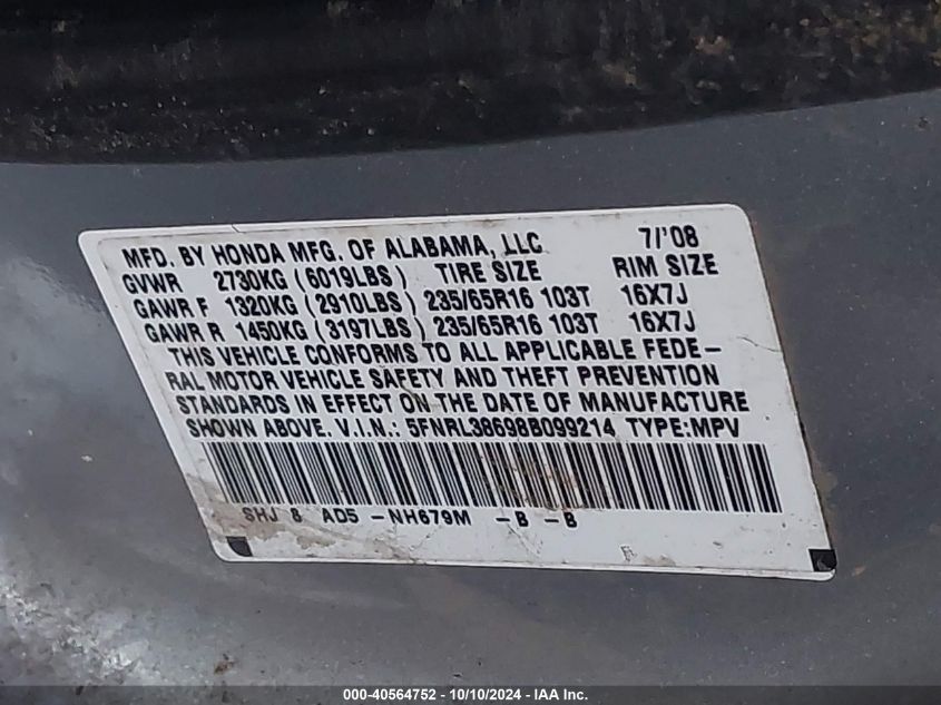 5FNRL38698B099214 2008 Honda Odyssey Ex-L