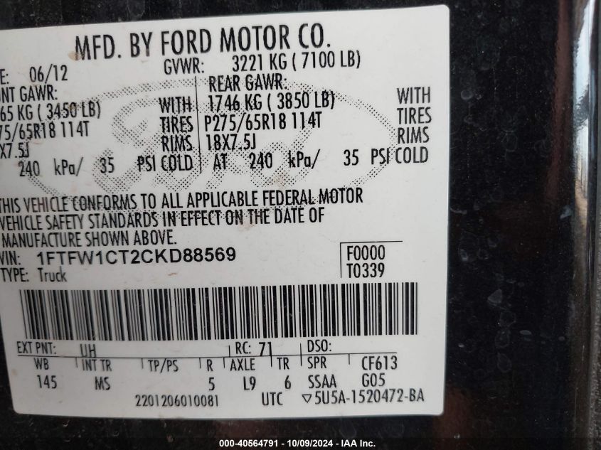 1FTFW1CT2CKD88569 2012 Ford F-150 Xlt