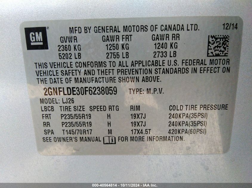 2GNFLDE30F6238059 2015 Chevrolet Equinox Ltz