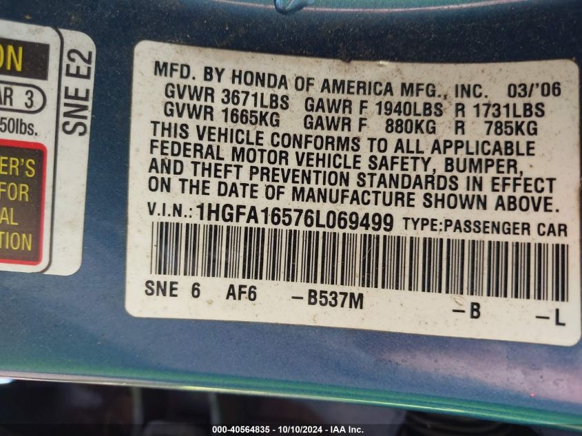 1HGFA16576L069499 2006 Honda Civic Lx