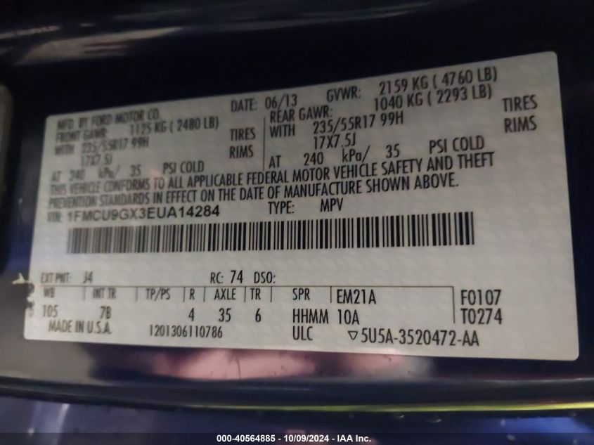 1FMCU9GX3EUA14284 2014 Ford Escape Se