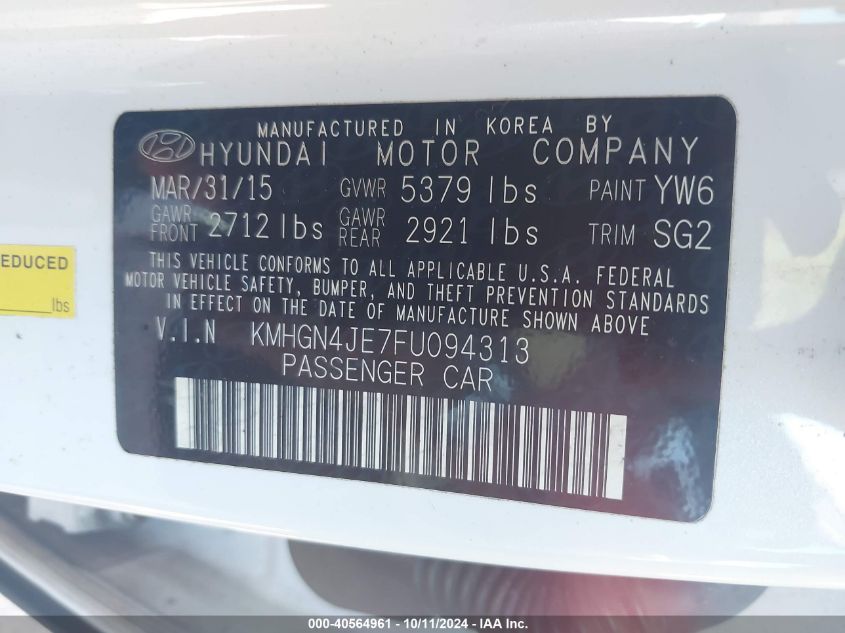 2015 Hyundai Genesis 3.8 VIN: KMHGN4JE7FU094313 Lot: 40564961