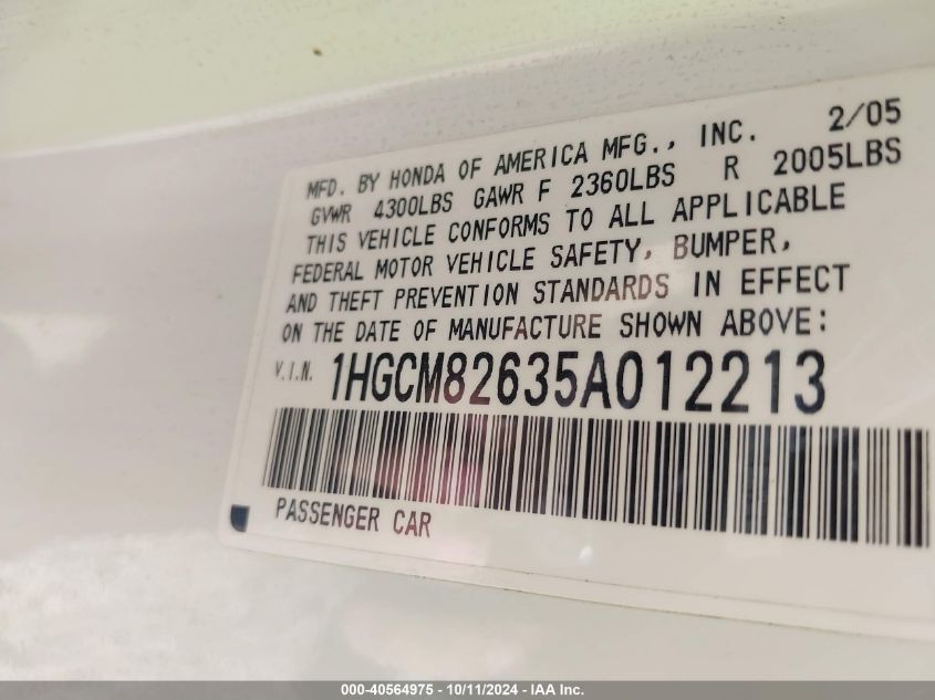 2005 Honda Accord 3.0 Ex VIN: 1HGCM82635A012213 Lot: 40564975