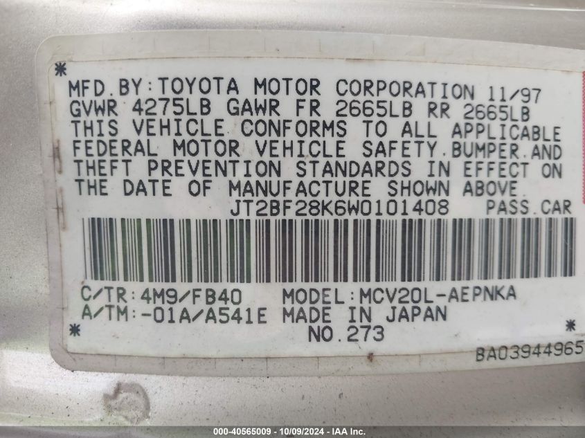 JT2BF28K6W0101408 1998 Toyota Camry Le V6