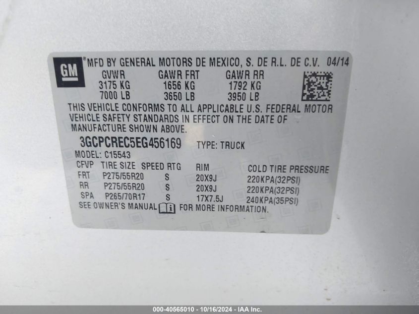 2014 Chevrolet Silverado 1500 1Lt VIN: 3GCPCREC5EG456169 Lot: 40565010