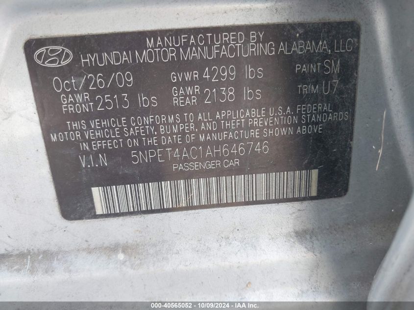 5NPET4AC1AH646746 2010 Hyundai Sonata Gls