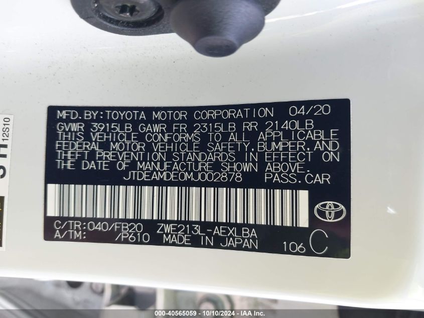 JTDEAMDE0MJ002878 2021 Toyota Corolla Hybrid Le