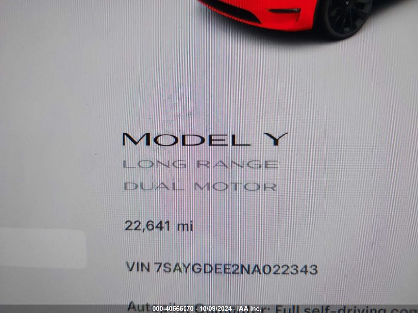 2022 Tesla Model Y Long Range Dual Motor All-Wheel Drive VIN: 7SAYGDEE2NA022343 Lot: 40565070