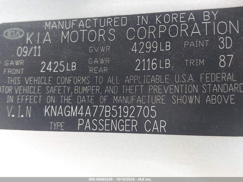 KNAGM4A77B5192705 2011 Kia Optima Lx