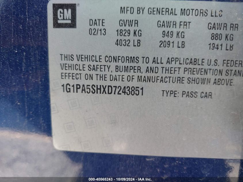 1G1PA5SHXD7243851 2013 Chevrolet Cruze Ls Auto