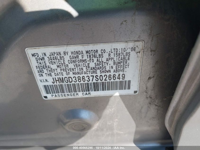 JHMGD38637S026649 2007 Honda Fit S