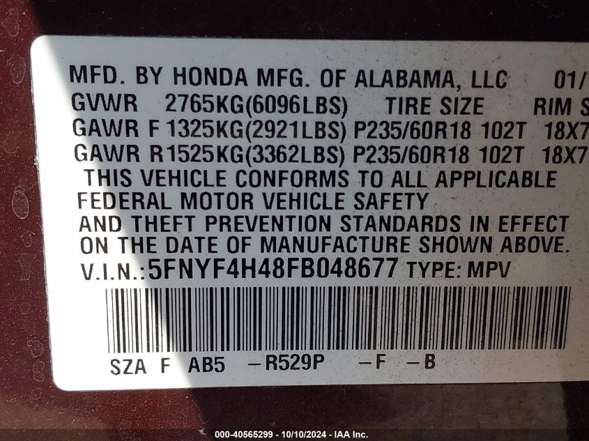 5FNYF4H48FB048677 2015 Honda Pilot Ex