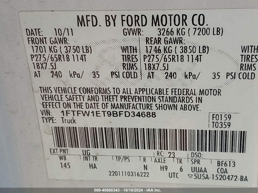 1FTFW1ET9BFD34688 2011 Ford F-150 Lariat